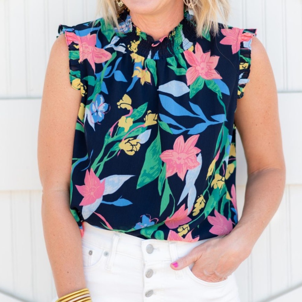 NWT J.Crew Navy Floral Ruffle Sleevless Blouse Tank Too Womens Size 2